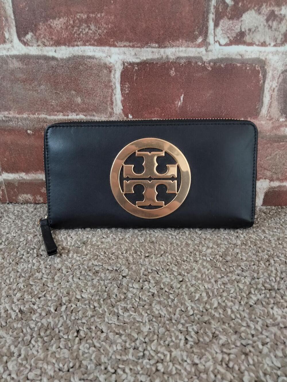 Tory Burch Charlie Zip Continental Wallet - Black Leather - Gold Logo